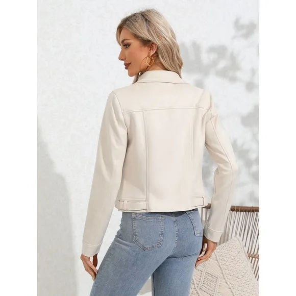 vegan suede Zip Up Solid Moto Jacket cream