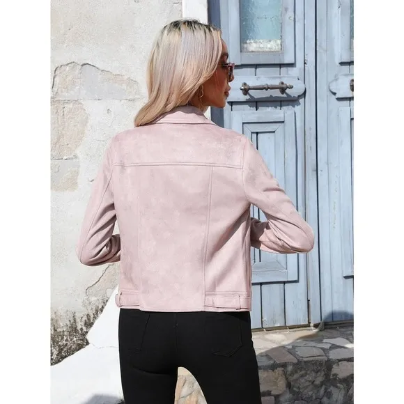 vegan suede Zip Up Solid Moto Jacket cream