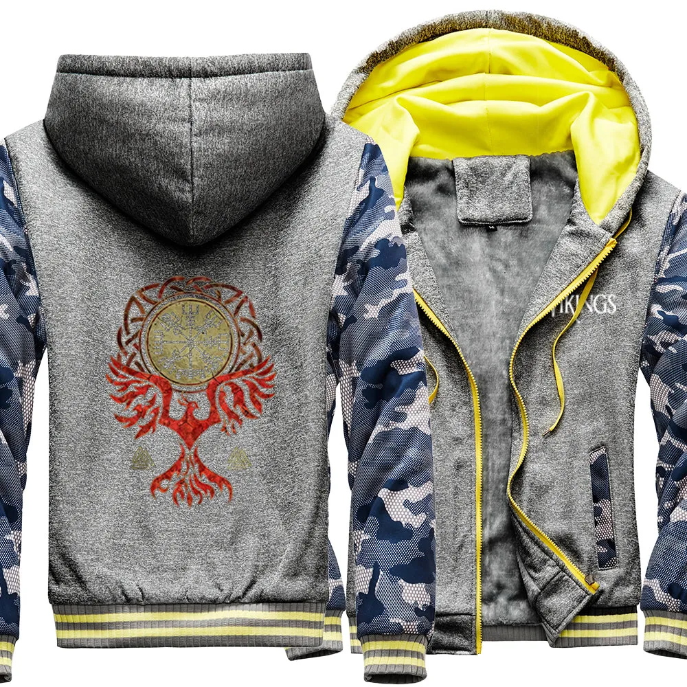 Viking Winter Hoodie with Raven Holding Vegvisir