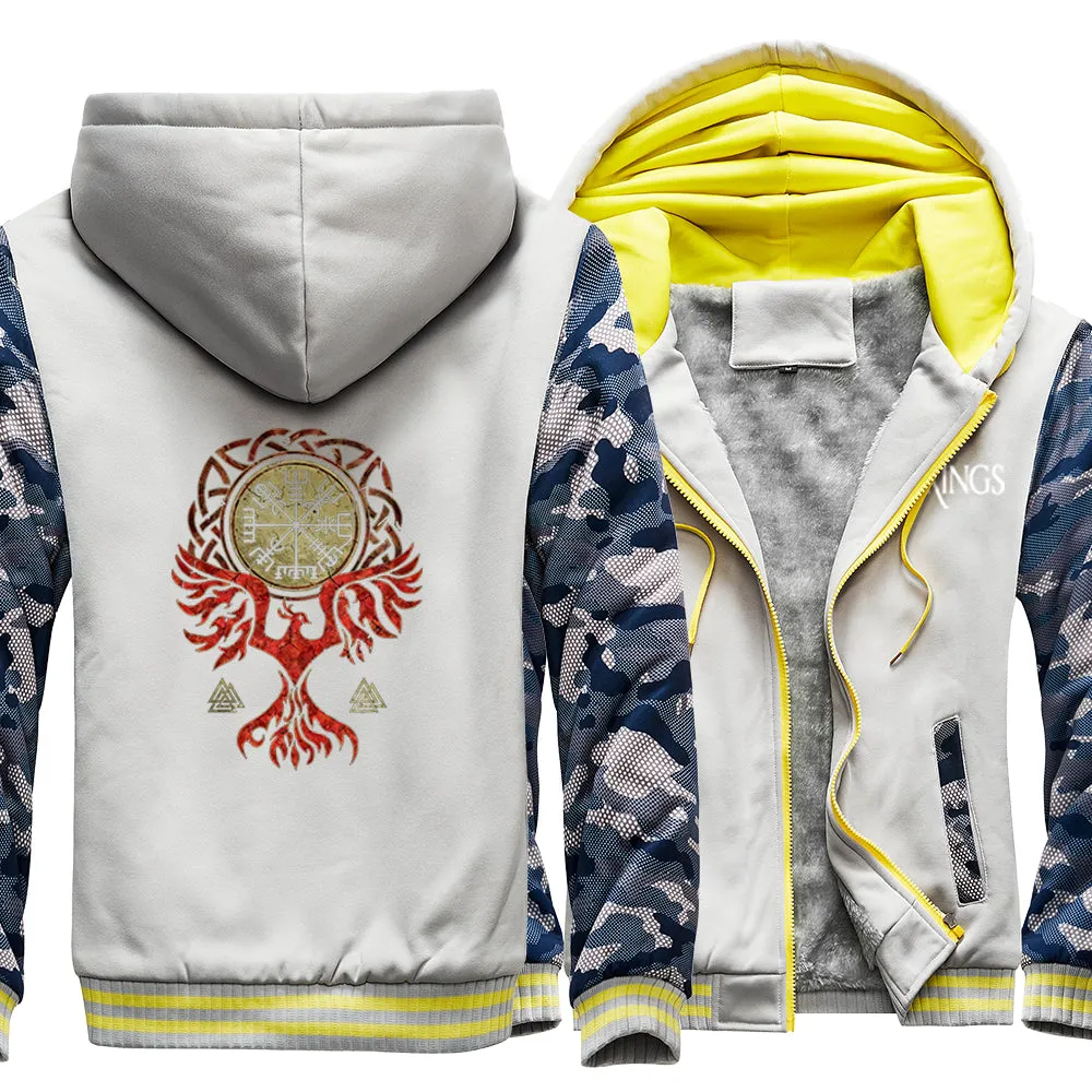 Viking Winter Hoodie with Raven Holding Vegvisir