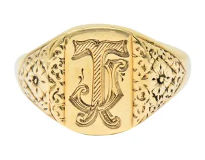 Vintage 9 Karat Yellow Gold British Signet Unisex Monogram Ring