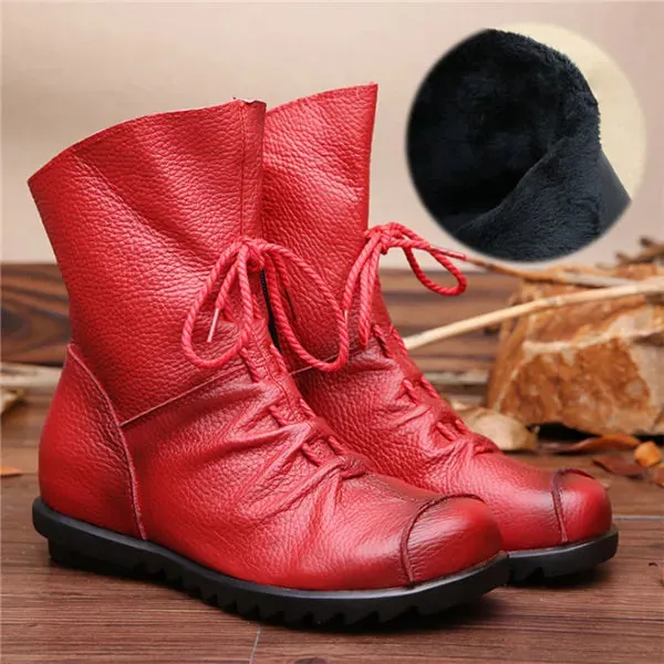 Vintage Genuine Leather Women's Boots Flat Booties Soft Cowhide Leather Side Zip Ankle Boots