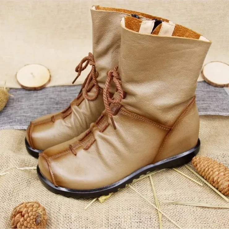 Vintage Genuine Leather Women's Boots Flat Booties Soft Cowhide Leather Side Zip Ankle Boots