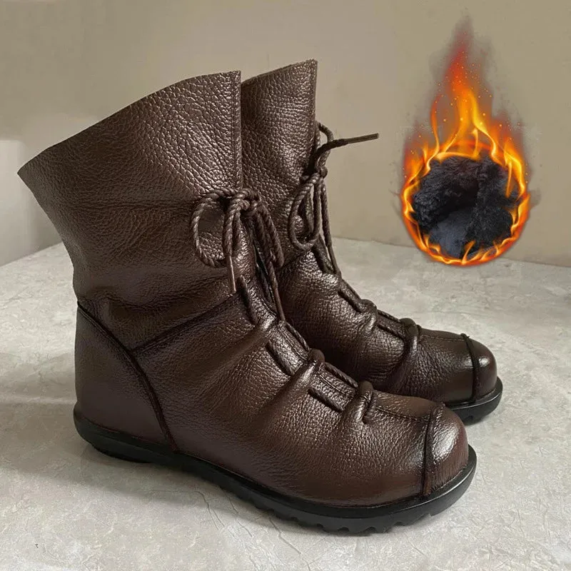 Vintage Genuine Leather Women's Boots Flat Booties Soft Cowhide Leather Side Zip Ankle Boots