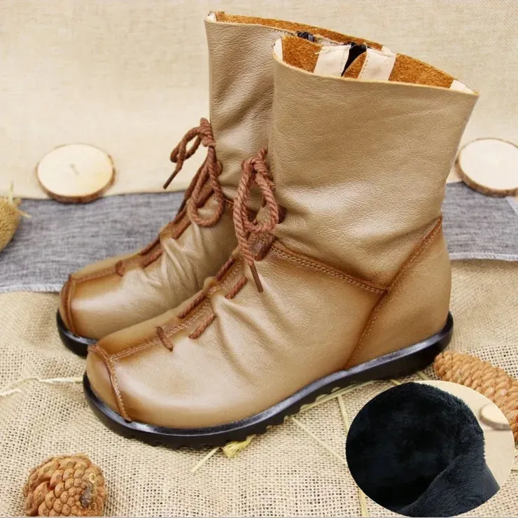 Vintage Genuine Leather Women's Boots Flat Booties Soft Cowhide Leather Side Zip Ankle Boots