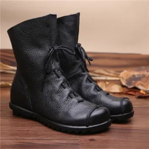 Vintage Genuine Leather Women's Boots Flat Booties Soft Cowhide Leather Side Zip Ankle Boots