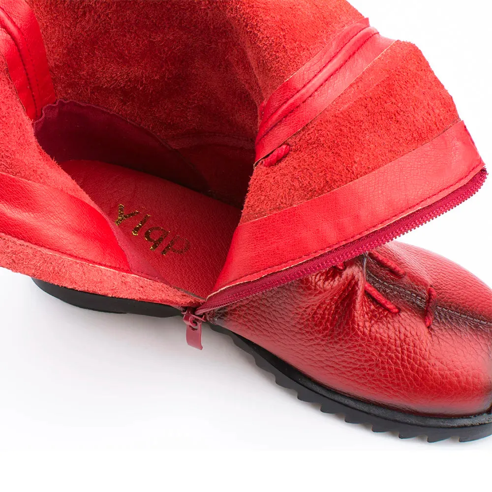 Vintage Genuine Leather Women's Boots Flat Booties Soft Cowhide Leather Side Zip Ankle Boots
