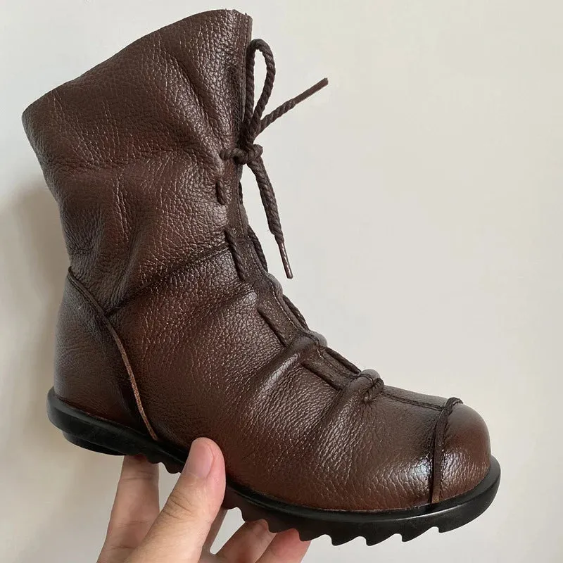 Vintage Genuine Leather Women's Boots Flat Booties Soft Cowhide Leather Side Zip Ankle Boots