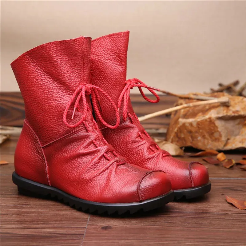 Vintage Genuine Leather Women's Boots Flat Booties Soft Cowhide Leather Side Zip Ankle Boots