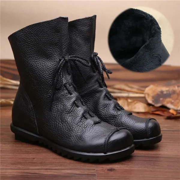 Vintage Genuine Leather Women's Boots Flat Booties Soft Cowhide Leather Side Zip Ankle Boots