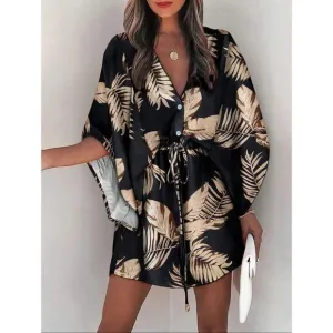 Wide sleeve button down cinched waist dress tropical leaf print tan black