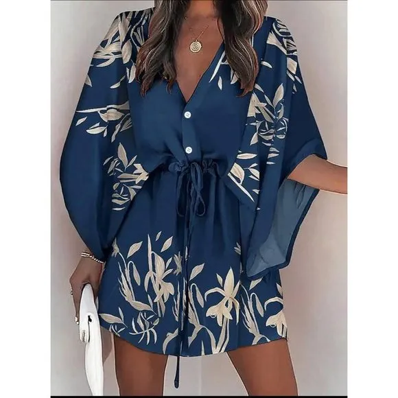 Wide sleeve button down cinched waist dress tropical leaf print tan black