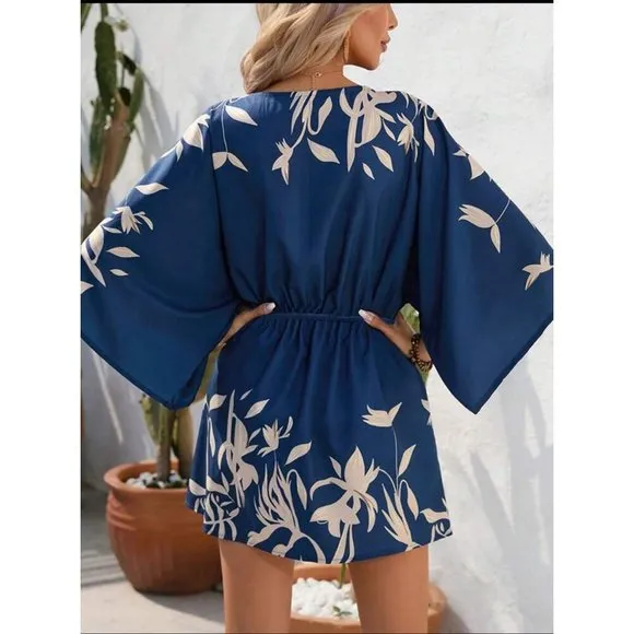 Wide sleeve button down cinched waist dress tropical leaf print tan black