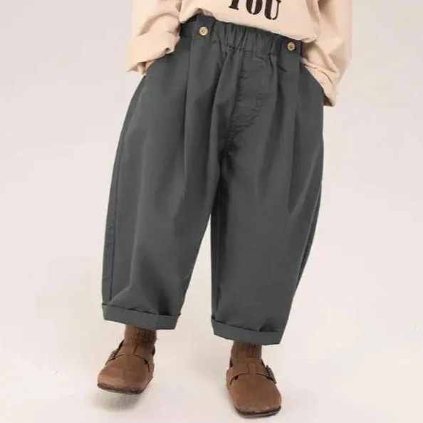 Wilder Button Waistband Wide Leg Cotton Trousers (Grey)
