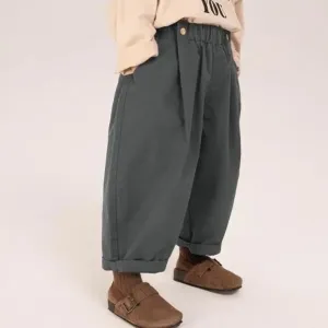 Wilder Button Waistband Wide Leg Cotton Trousers (Grey)