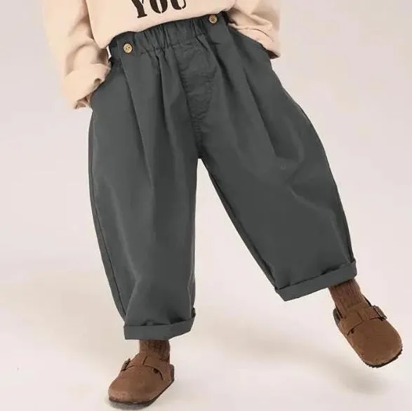 Wilder Button Waistband Wide Leg Cotton Trousers (Grey)