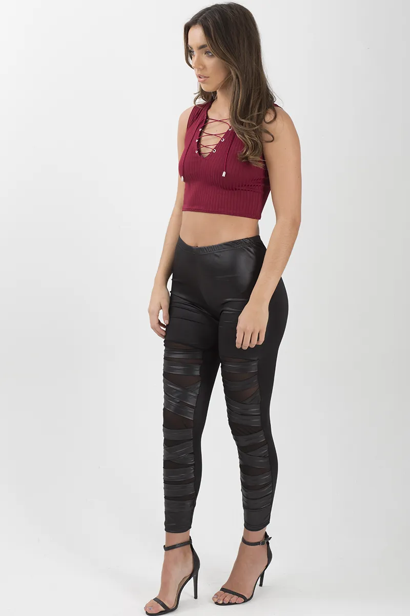 Wine Cropped Ribbed Lace Up Top - Amelia