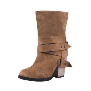 Women Boots Fashion round Toe Women winter Boots Comfortable Square Heel Flock Shoes Women Belt decoration Mid-calf Martin Boots