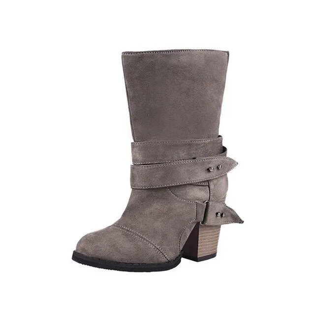 Women Boots Fashion round Toe Women winter Boots Comfortable Square Heel Flock Shoes Women Belt decoration Mid-calf Martin Boots