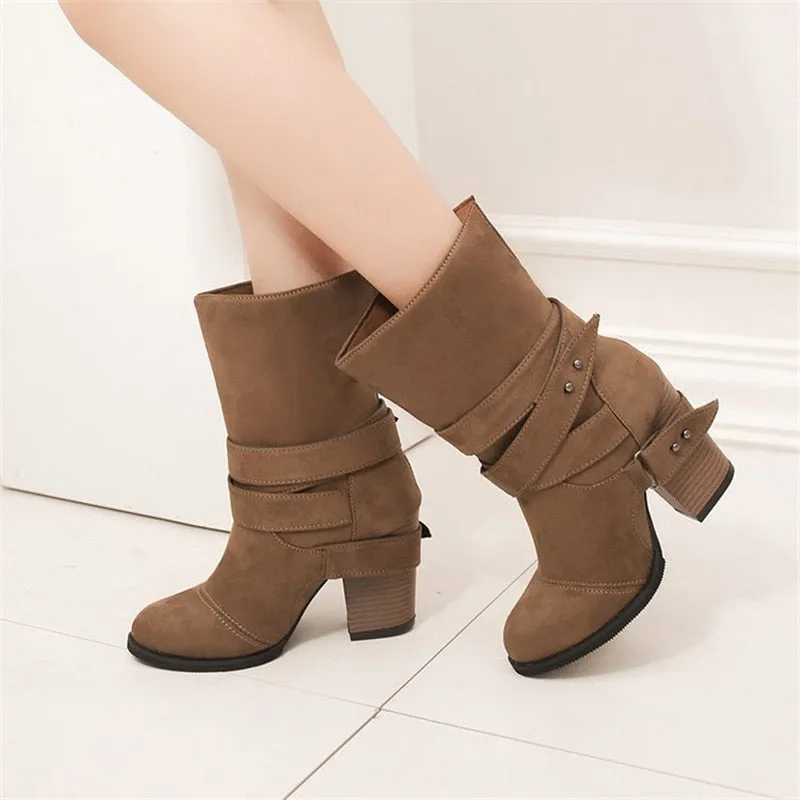 Women Boots Fashion round Toe Women winter Boots Comfortable Square Heel Flock Shoes Women Belt decoration Mid-calf Martin Boots