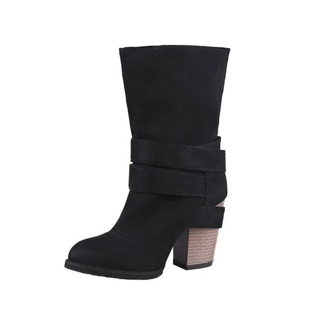 Women Boots Fashion round Toe Women winter Boots Comfortable Square Heel Flock Shoes Women Belt decoration Mid-calf Martin Boots