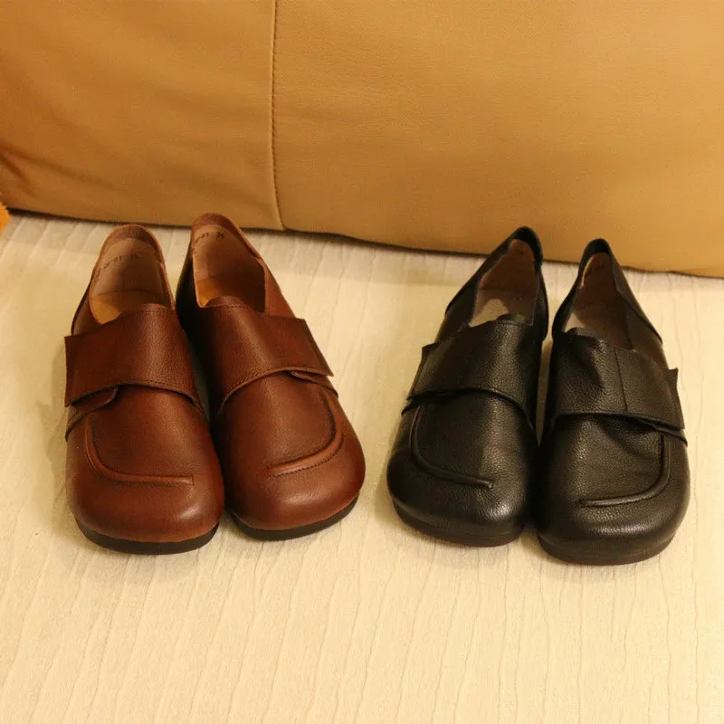 Women Comfortable Leather Soft Sole Deep Mouth Velcro Flats