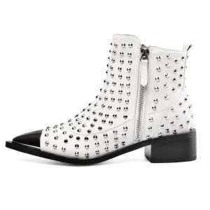 Women Genuine Leather Zipper Rivets Punk Ankle Boots