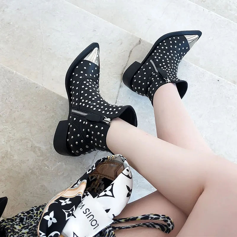 Women Genuine Leather Zipper Rivets Punk Ankle Boots