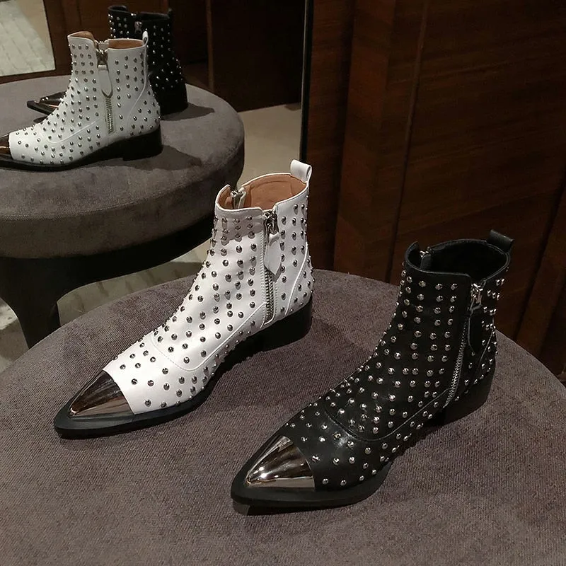Women Genuine Leather Zipper Rivets Punk Ankle Boots
