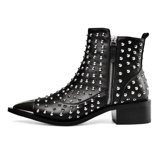 Women Genuine Leather Zipper Rivets Punk Ankle Boots
