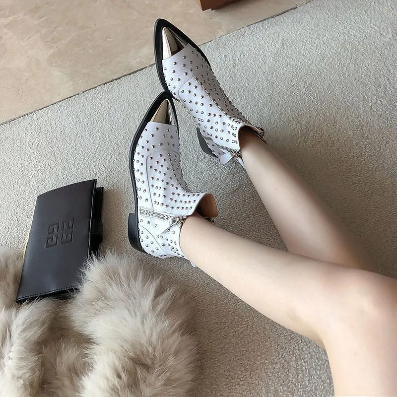 Women Genuine Leather Zipper Rivets Punk Ankle Boots