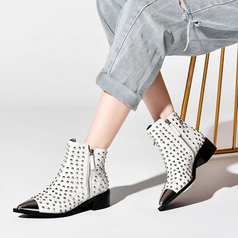 Women Genuine Leather Zipper Rivets Punk Ankle Boots