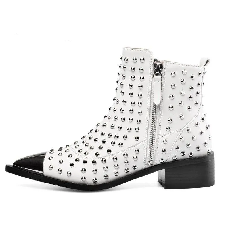 Women Genuine Leather Zipper Rivets Punk Ankle Boots
