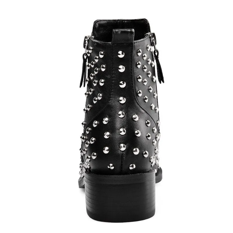 Women Genuine Leather Zipper Rivets Punk Ankle Boots
