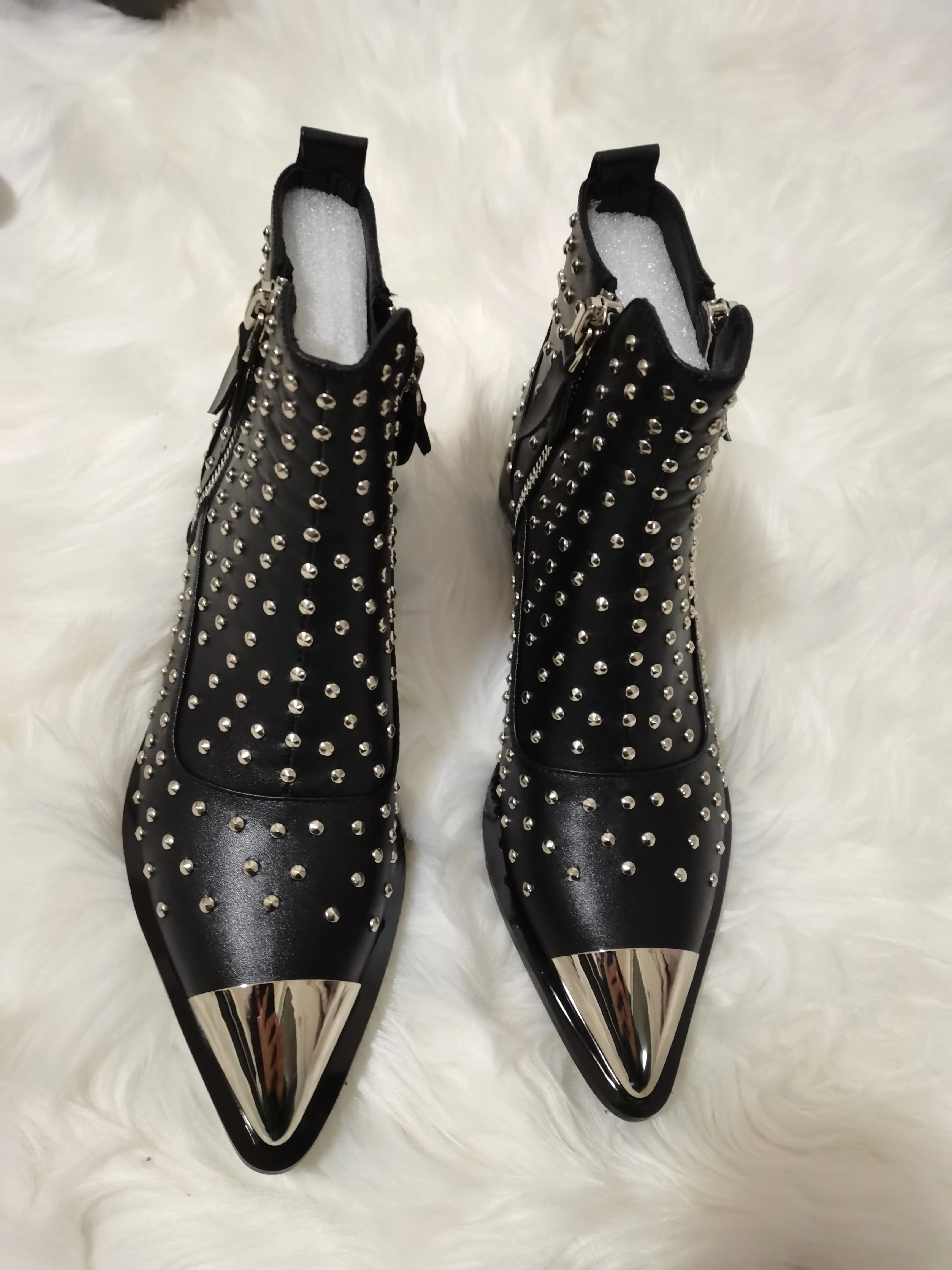 Women Genuine Leather Zipper Rivets Punk Ankle Boots