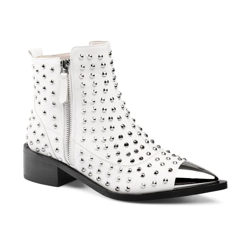 Women Genuine Leather Zipper Rivets Punk Ankle Boots