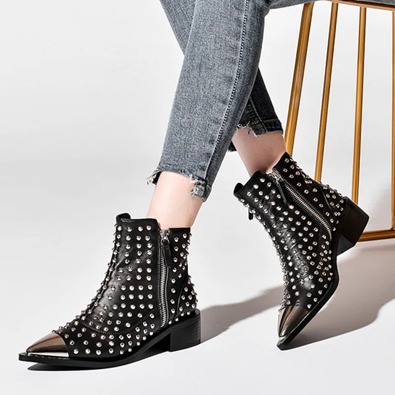 Women Genuine Leather Zipper Rivets Punk Ankle Boots