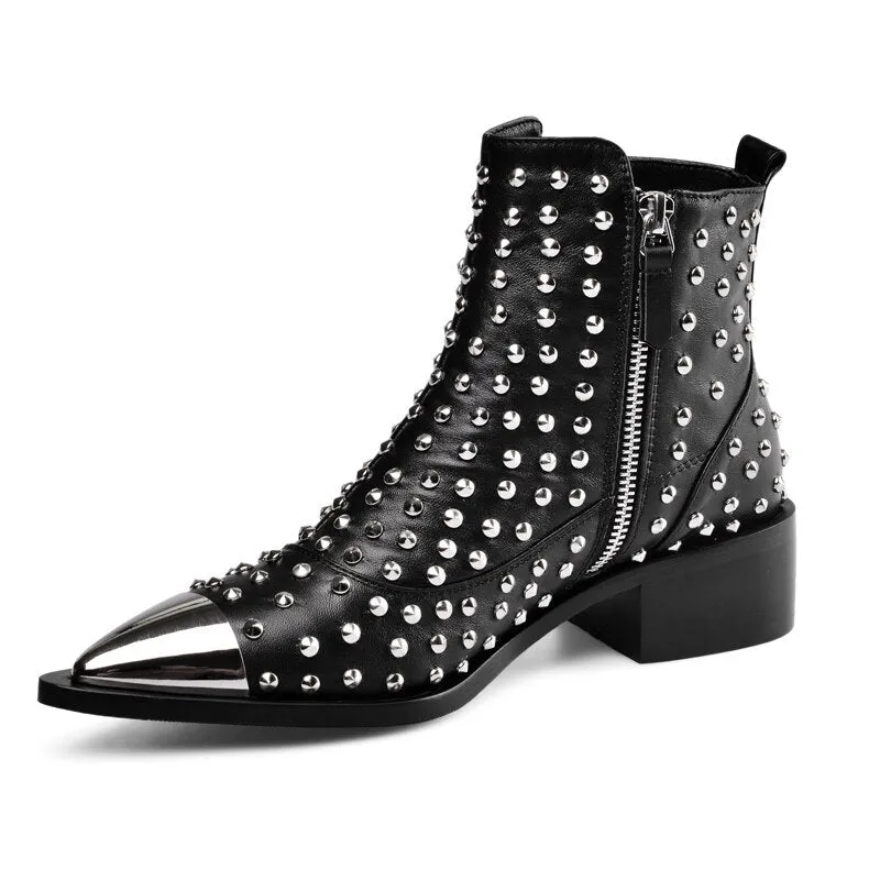 Women Genuine Leather Zipper Rivets Punk Ankle Boots
