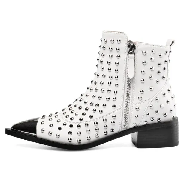 Women Genuine Leather Zipper Rivets Punk Ankle Boots