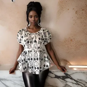 Women's African Print Frill Top Blouse with Belt