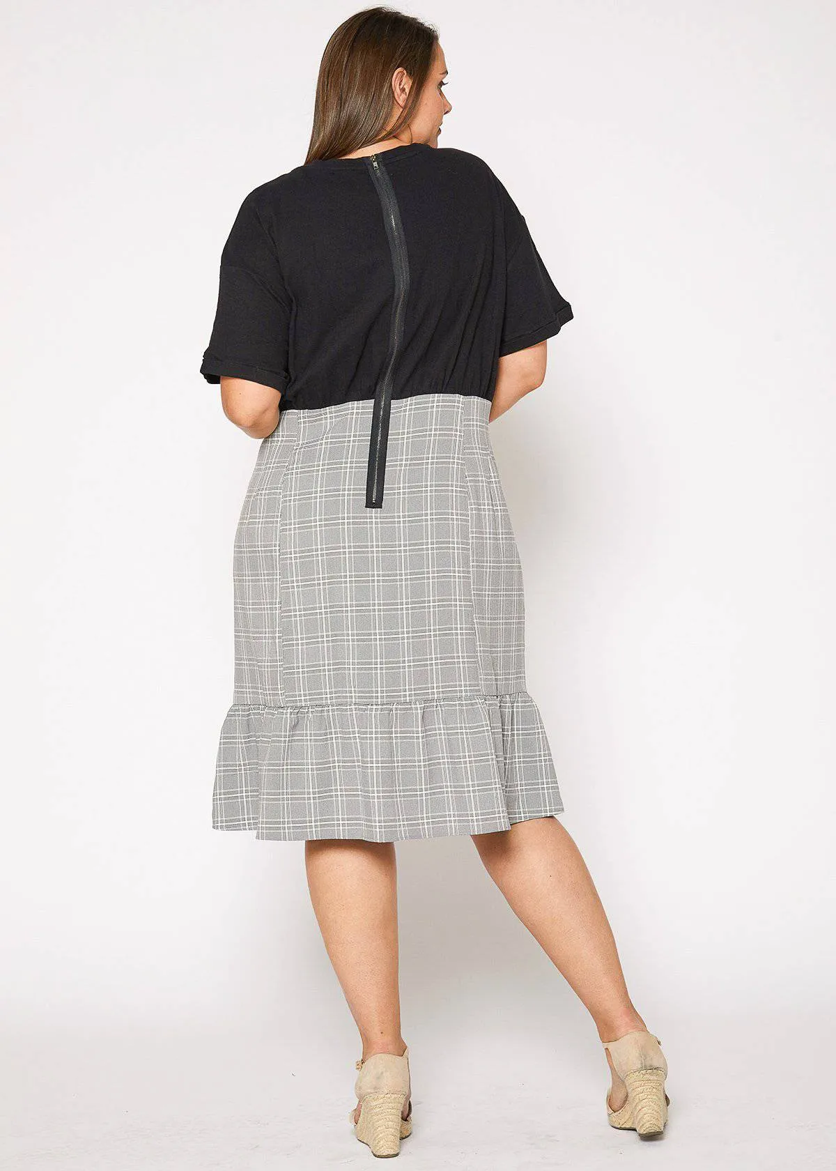 Women's Plus Size Glen Plaid Mermaid Dress in Black