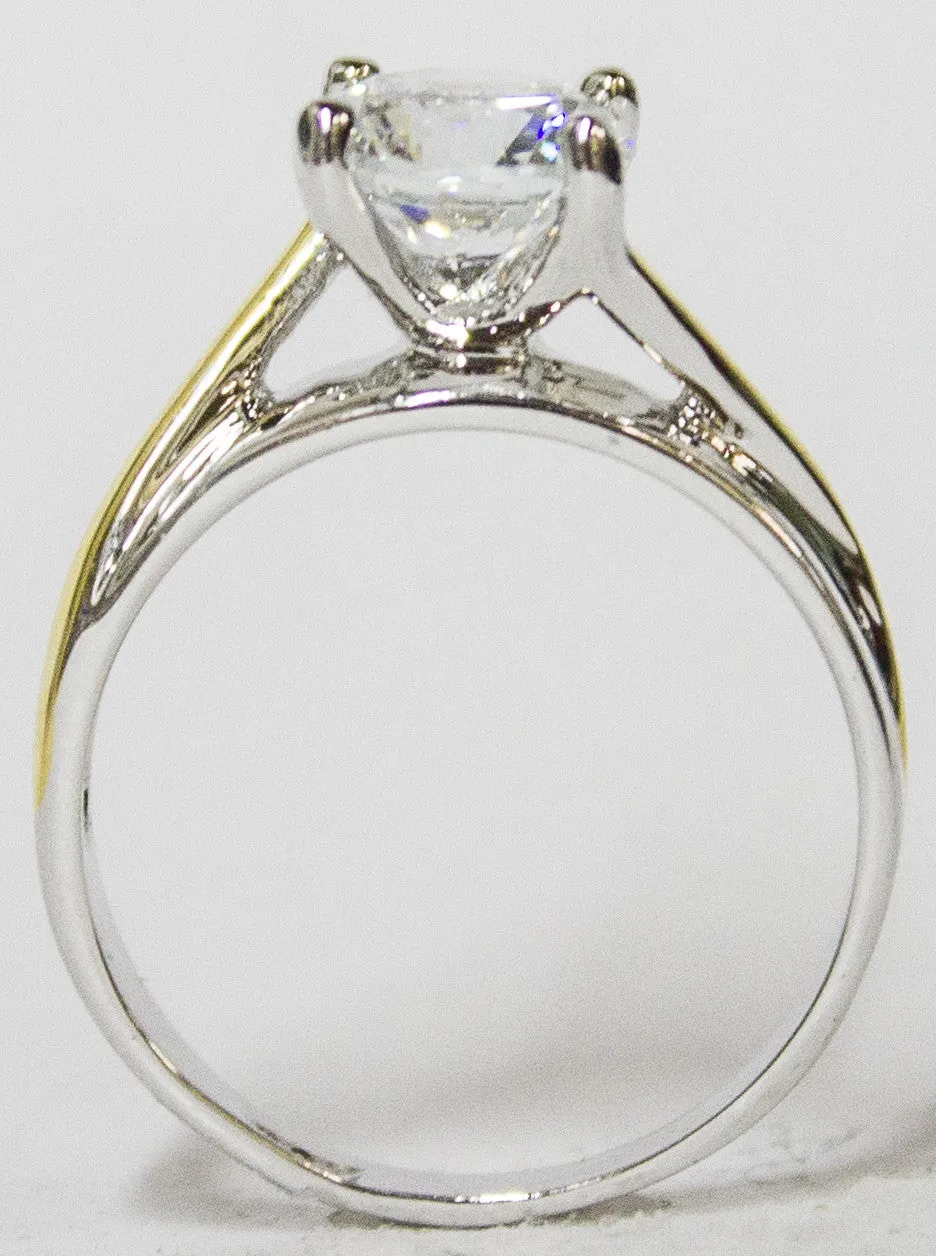 Women's Rhodium Plated Dress Ring Two Tone Round Cut Solitaire CZ 099