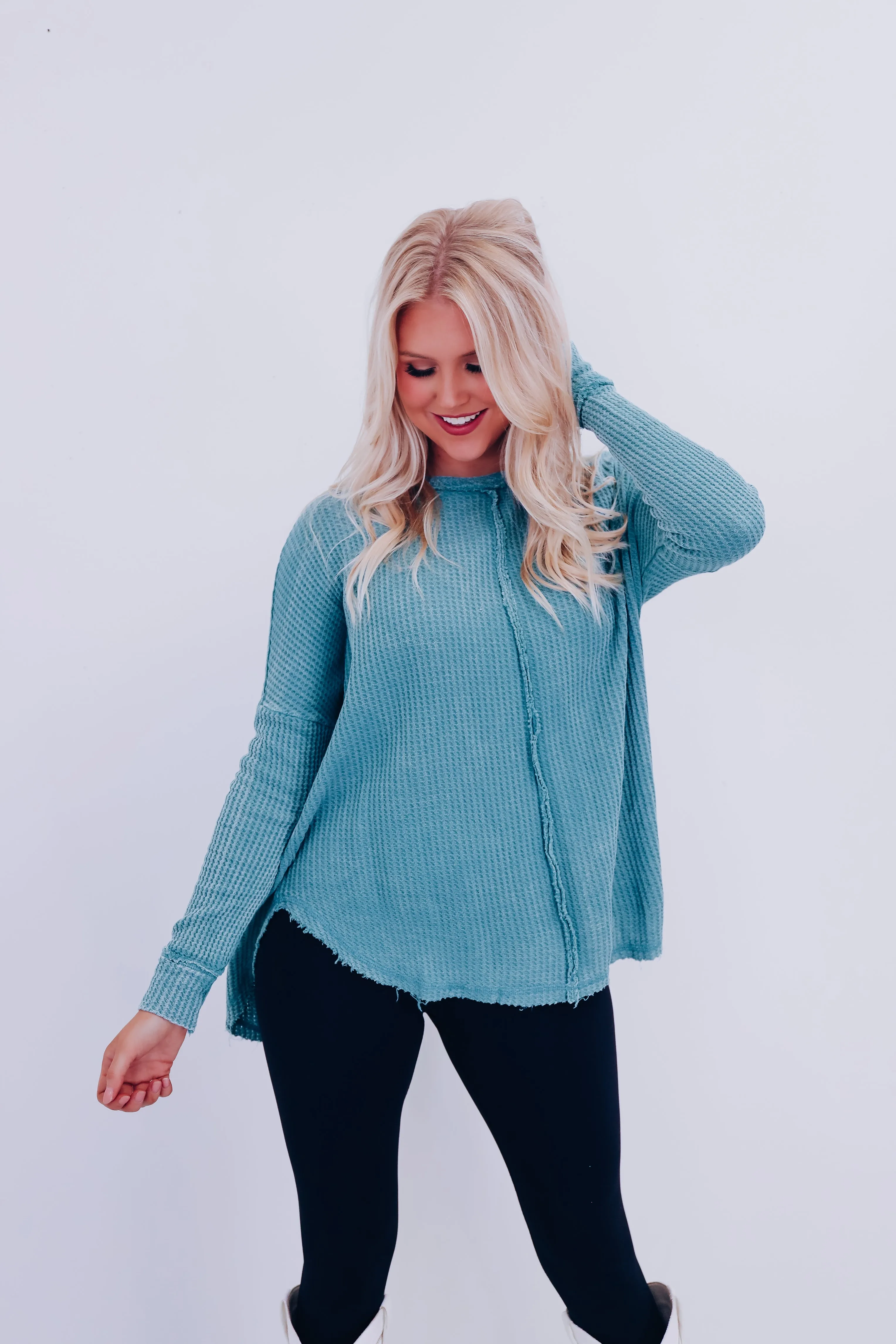 Wrenley Waffle Knit Top - Dusty Teal