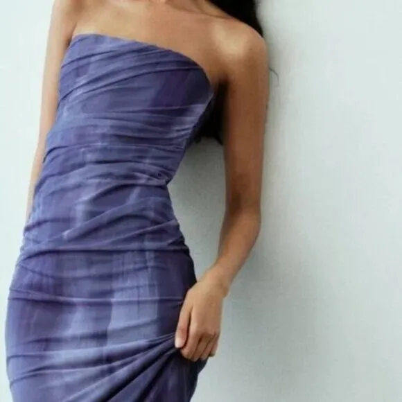 ZARA STRAPLESS TULLE TIE-DYE PRINT DRESS