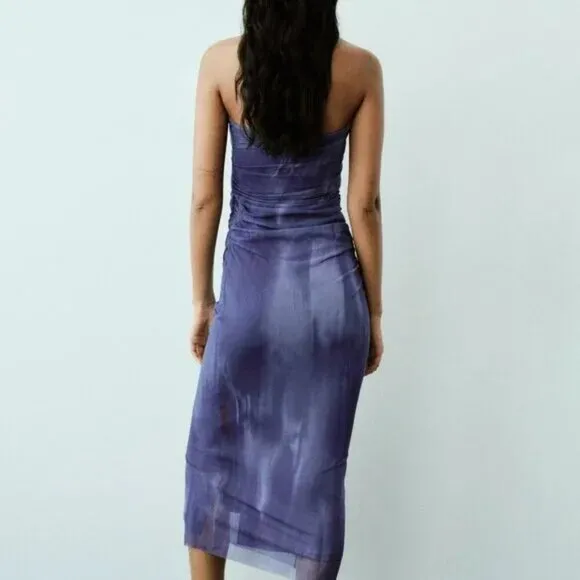 ZARA STRAPLESS TULLE TIE-DYE PRINT DRESS