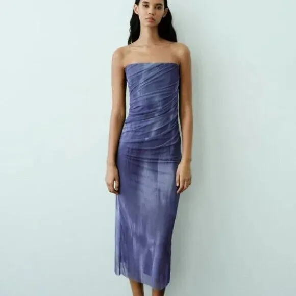 ZARA STRAPLESS TULLE TIE-DYE PRINT DRESS