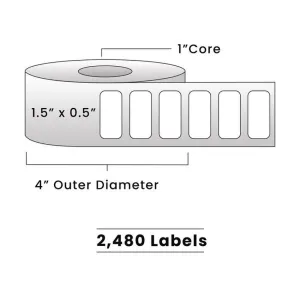 Zebra Direct Thermal Labels - 1.5" x 0.5" - 1" Core / 4" Outer Diameter - (2,480 Labels Per Roll)