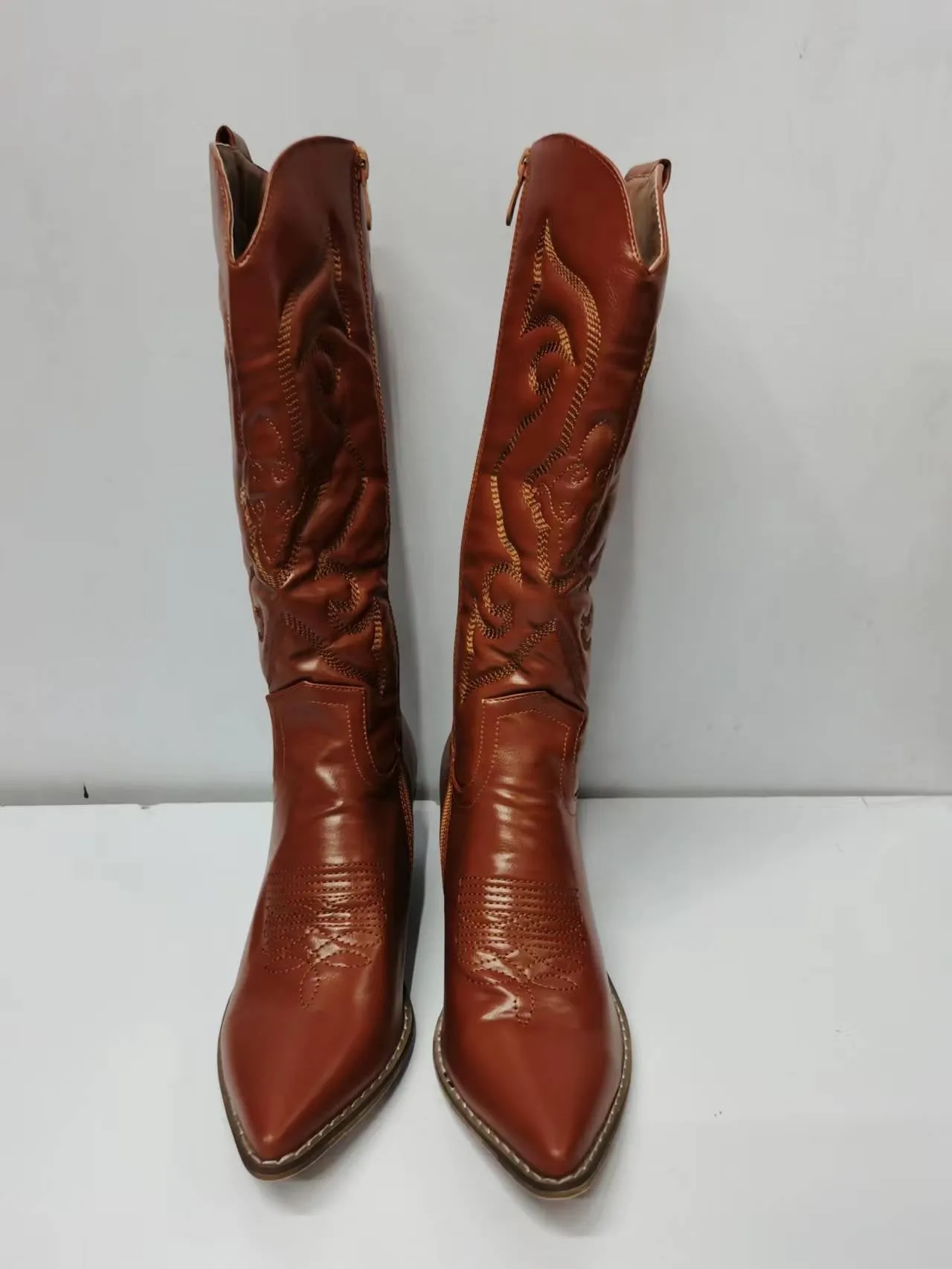 Zip Embroidered Pointed Toe Autumn Trendy Mid Calf Boots Shoes