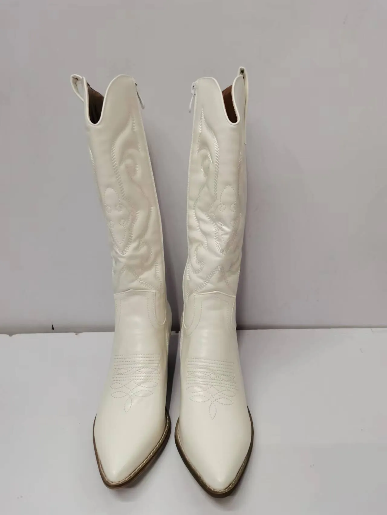 Zip Embroidered Pointed Toe Autumn Trendy Mid Calf Boots Shoes