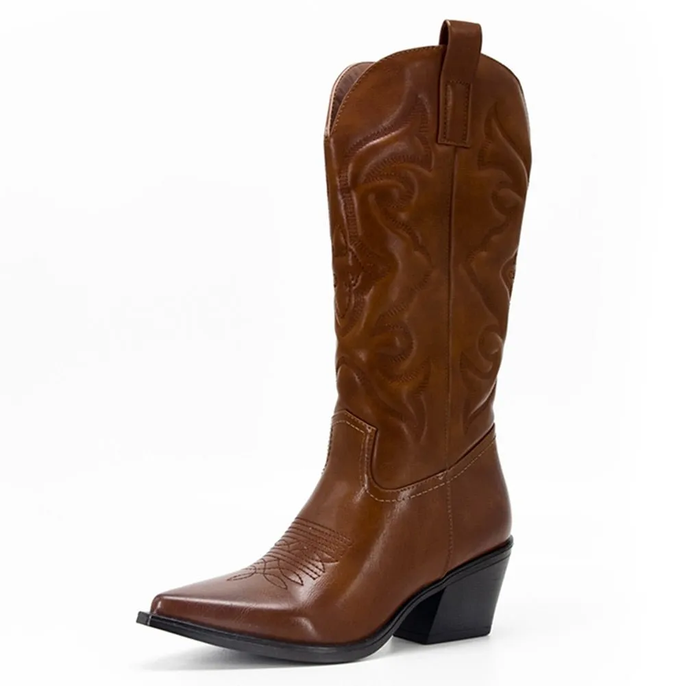 Zip Embroidered Pointed Toe Autumn Trendy Mid Calf Boots Shoes